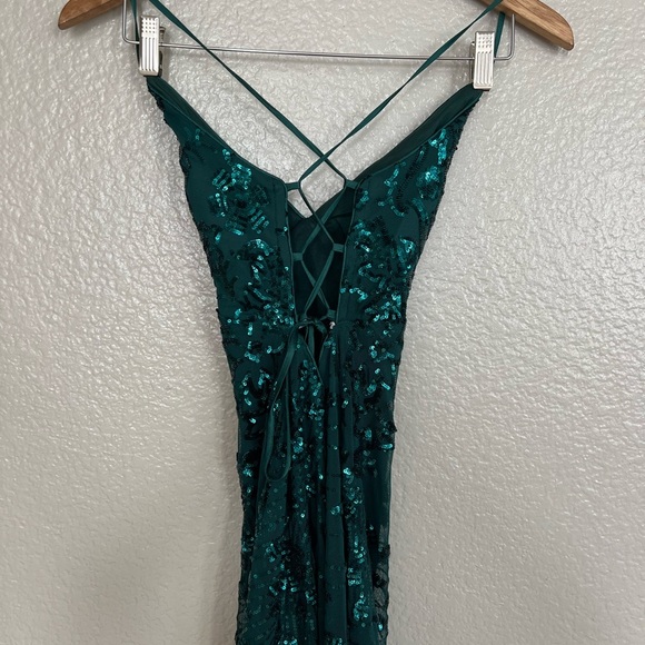 NWOT Photo Finish Forest Green Sequin Lace-Up Maxi Dress - Picture 6 of 9